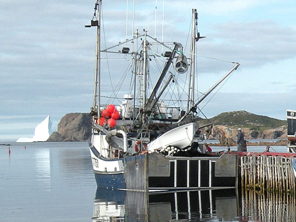 Fishing Boat and an iceberg in the distance in Twillingate