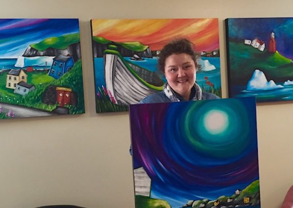 Artist Cara Kansala with unique series of Twillingate paintings, acrylic on canvas.